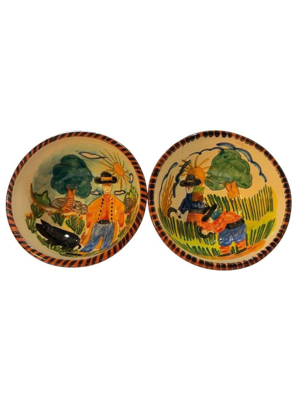 Olaria Flosa Redondo Portugal 2pc Handmade Bowls Vintage Folk Art Signed